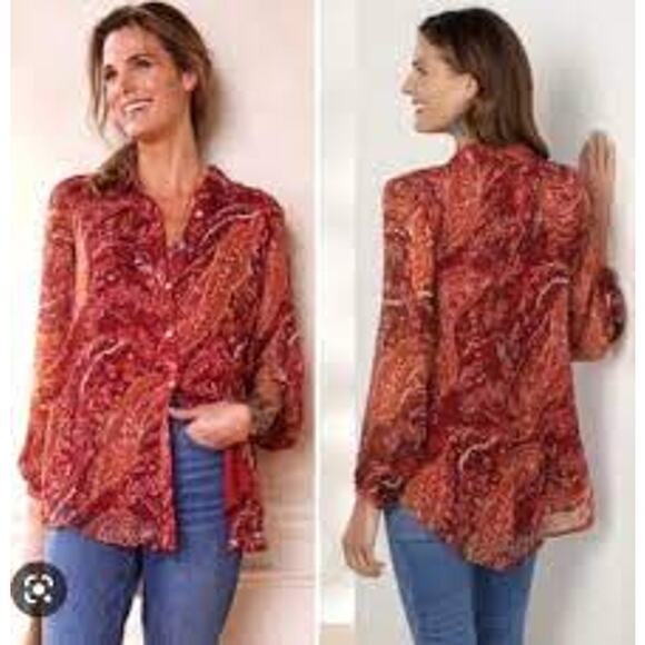 Soft Surroundings Cheyla Tunic Paisley Red Collared Button Front Women Large - Picture 1 of 12